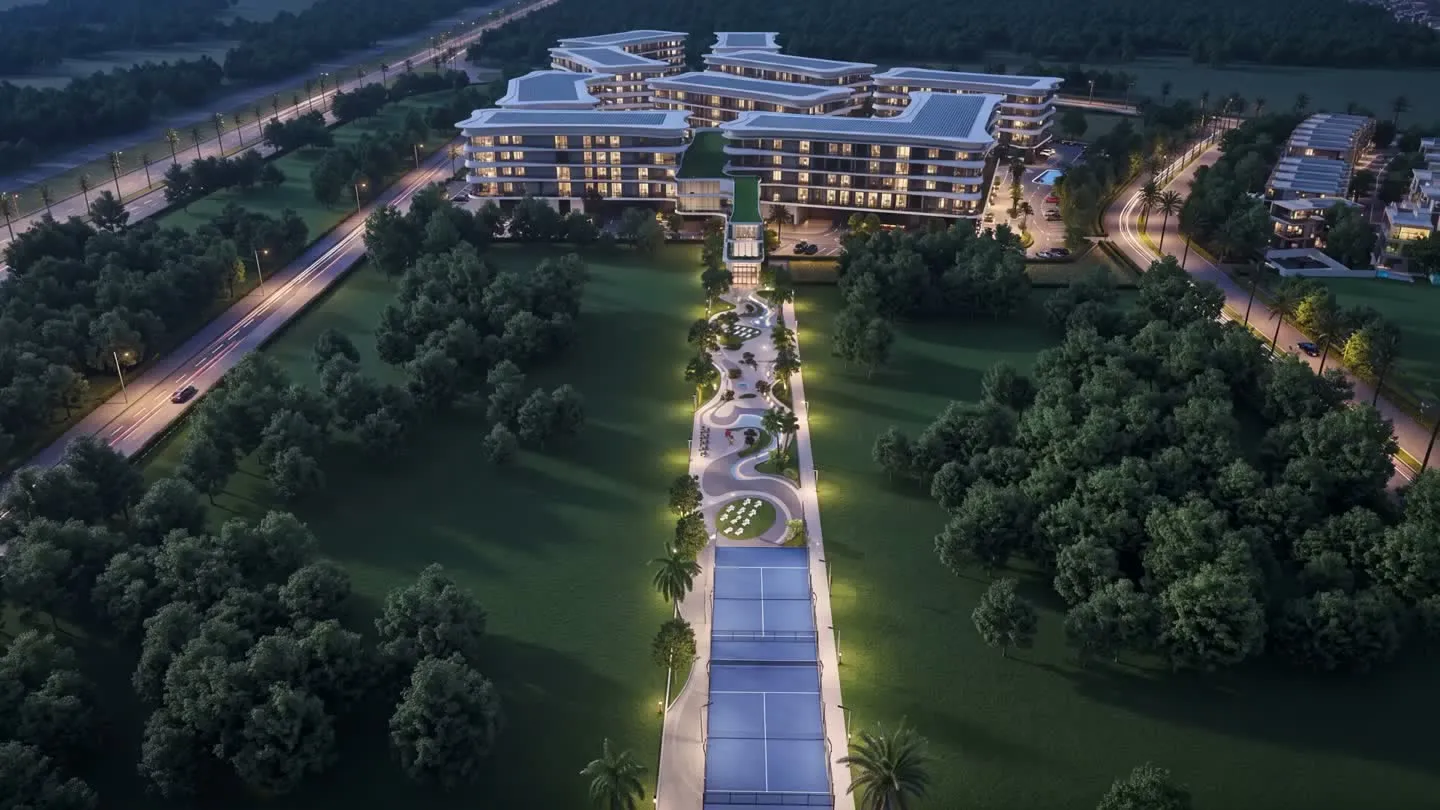 Letecký pohľad na projekt Dubai Lifestyle City za súmraku